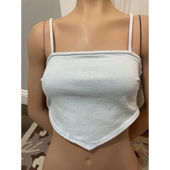 New ZARA Top Light BLue Denim Triangle Bandana Cropped Tank Top Size S #5907S - Picture 2 of 6